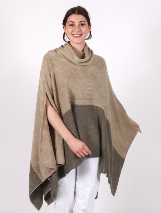 Super Soft Turtle Neck Side Slit Two-Tone Poncho